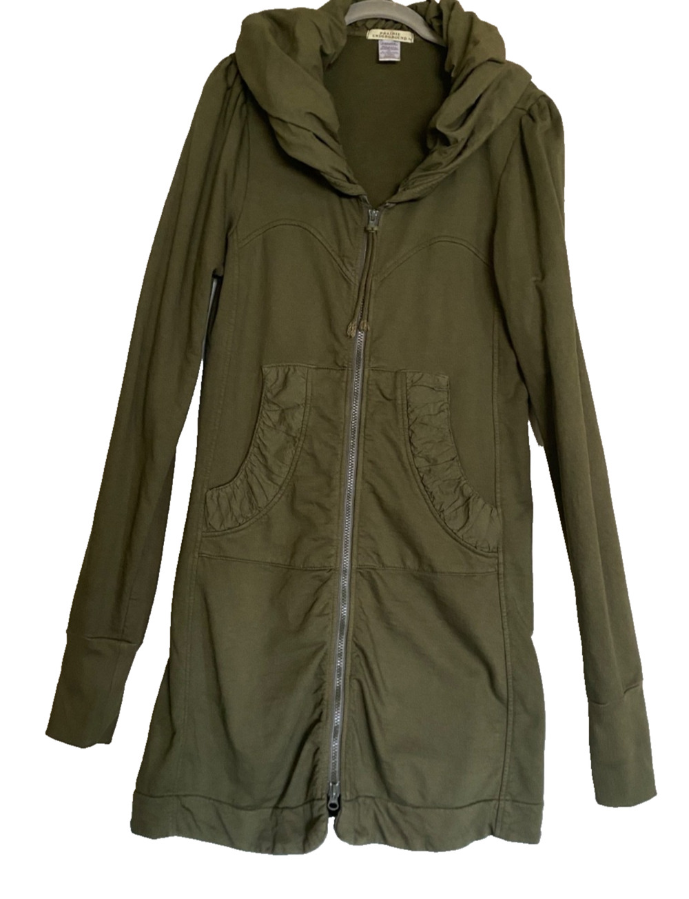 PRAIRIE UNDERGROUND $319 Long Cloak Hoodie Moss Green Organic Cotton L Flawless